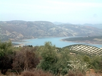 bis hin zu den typischen Olivenhainhgeln wie hier beim Stausee von Iznjar